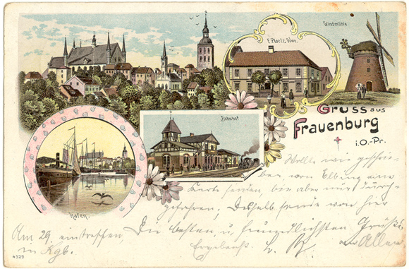 Karta pocztowa z ok. 1900 r., wysłana z Braniewa 27.09.1901 r. do Rhein w Badenii-Wirtembergii - została dostarczona już następnego dnia.