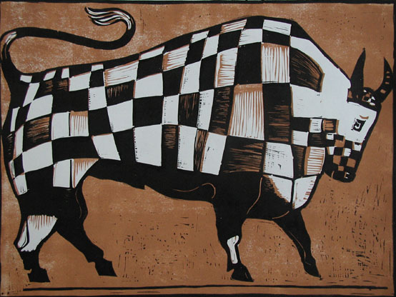 Byk szachistów, z cyklu: Zwierzyniec linoryt barwny 4/50, 47 x 59 cm, 1975 r. 