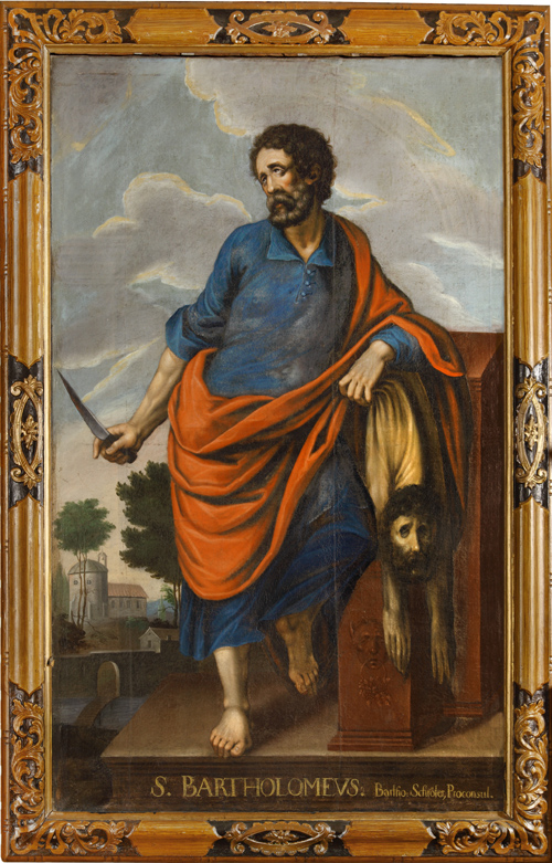 Święty Bartłomiej ze skórą, obraz, XIX w.,kościół p.w. św. Macieja, Bisztynek