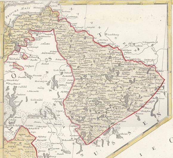Mapa Warmii - fragment mapy Prus Zachodnich, BORUSSIAE OCIDENTALIS TABULA, F. L. Güssefeld, 1775 r.