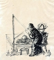 Hieronim Skurpski, Kopernik przy pracy, rysunek tuszem, 1952 r., 21 x 15 cm