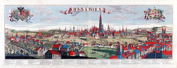 Panorama Wiednia, akwaforta kolorowana akwarelą, wg rys. F.J.Scaux , wyd. G.B.Probst Augsburg, ok. poł. XVIII w.