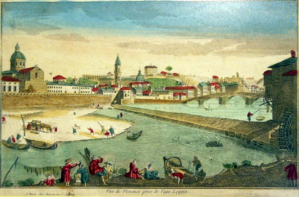 Panorama Florencji akwaforta kolorowana akwarelą, wyd. Basset, Paryż I poł. XVIII w.