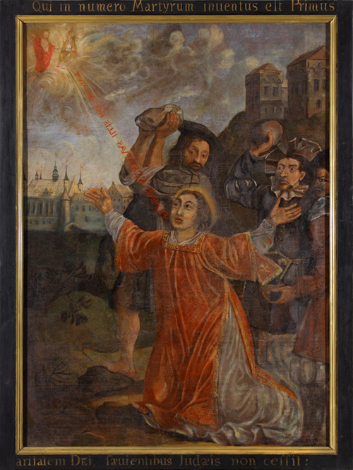 Kamienowanie św. Szczepana, w tle Wzgórze Katedralne we Fromborku, olej na płótnie, XVII w. Kościół p.w. św. Antoniego w Braniewie