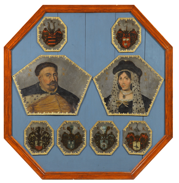 Portrety trumienne członków rodu Kalkstein, mężczyzny i kobiety oraz sześć malowanych blach herbowych z klejnotami, XVIII w. Kościół p.w. św. Marii Magdalenyw Kalwie
