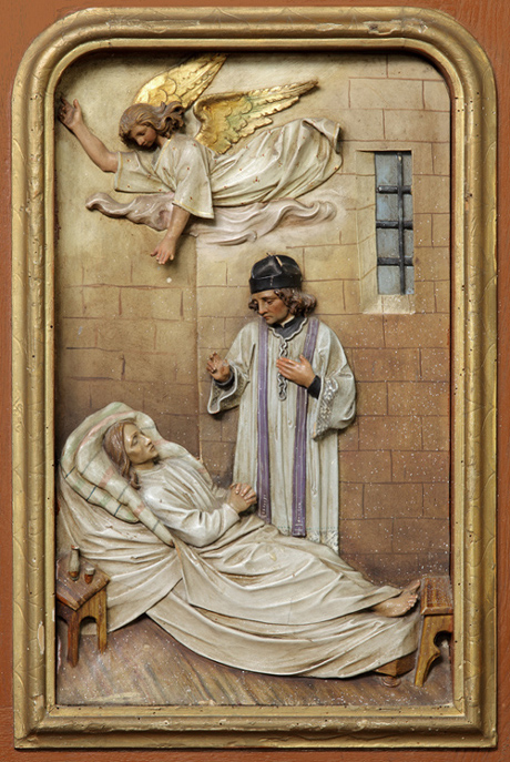 Człowiek umierający, przyjmujący sakrament chorych, scena dolna ołtarza z kościoła p.w. św. Jana Chrzciciela w Jonkowie, koniec XIX w.