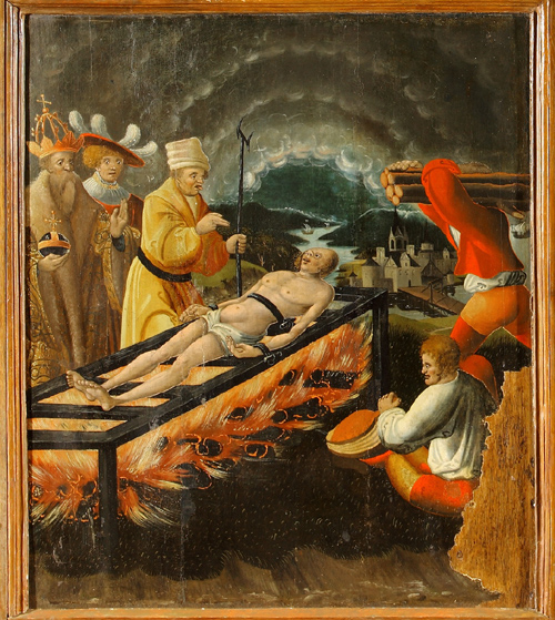 Przypalanie świętego Wawrzyńca na ruszcie, skrzydło prawe tryptyku, szkoła południowo-niemiecka, ok. 1520 r., kościół p.w. św. Wawrzyńca, Mingajny
